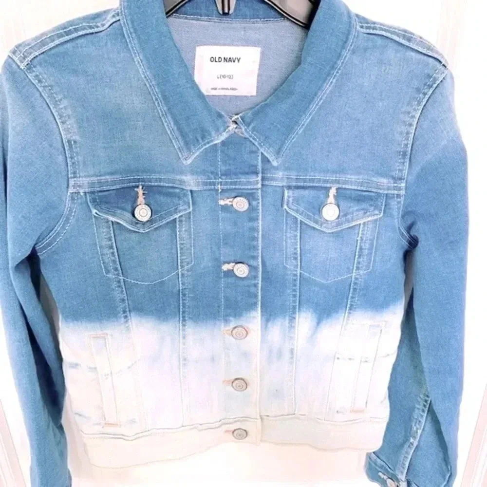 Old Navy Girls Large 10/12 Ombre Jean Jacket Dip Dye Blue White - Picture 4 of 13